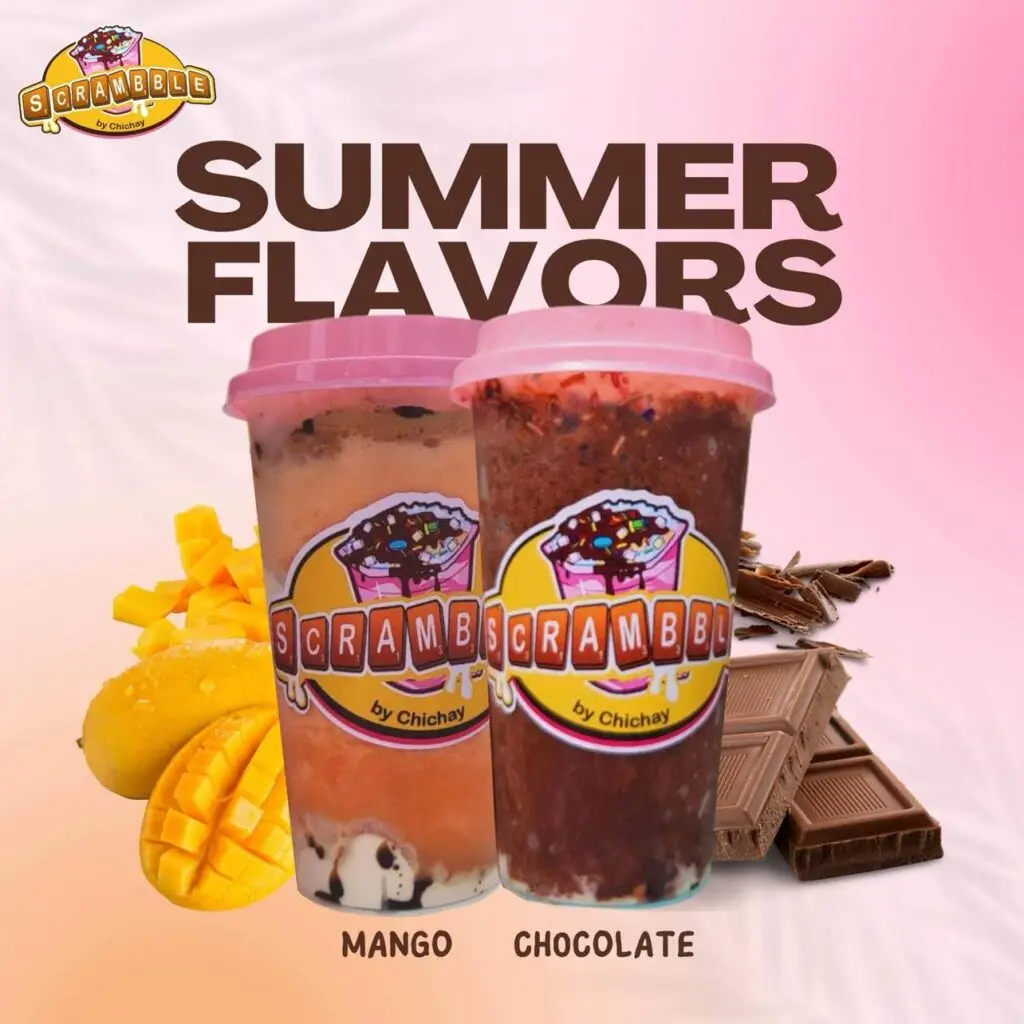 Summer Flavors of 16 ounce Mango and Dark Chocolate with real chocolate and mango background